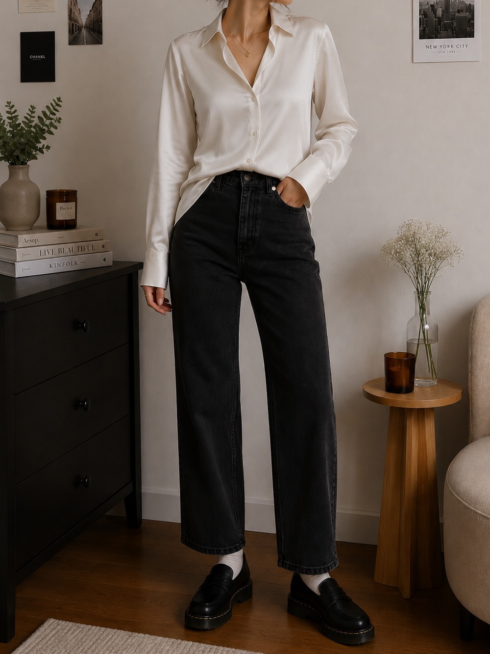 H&M Pearl Satin Button-Up Shirt